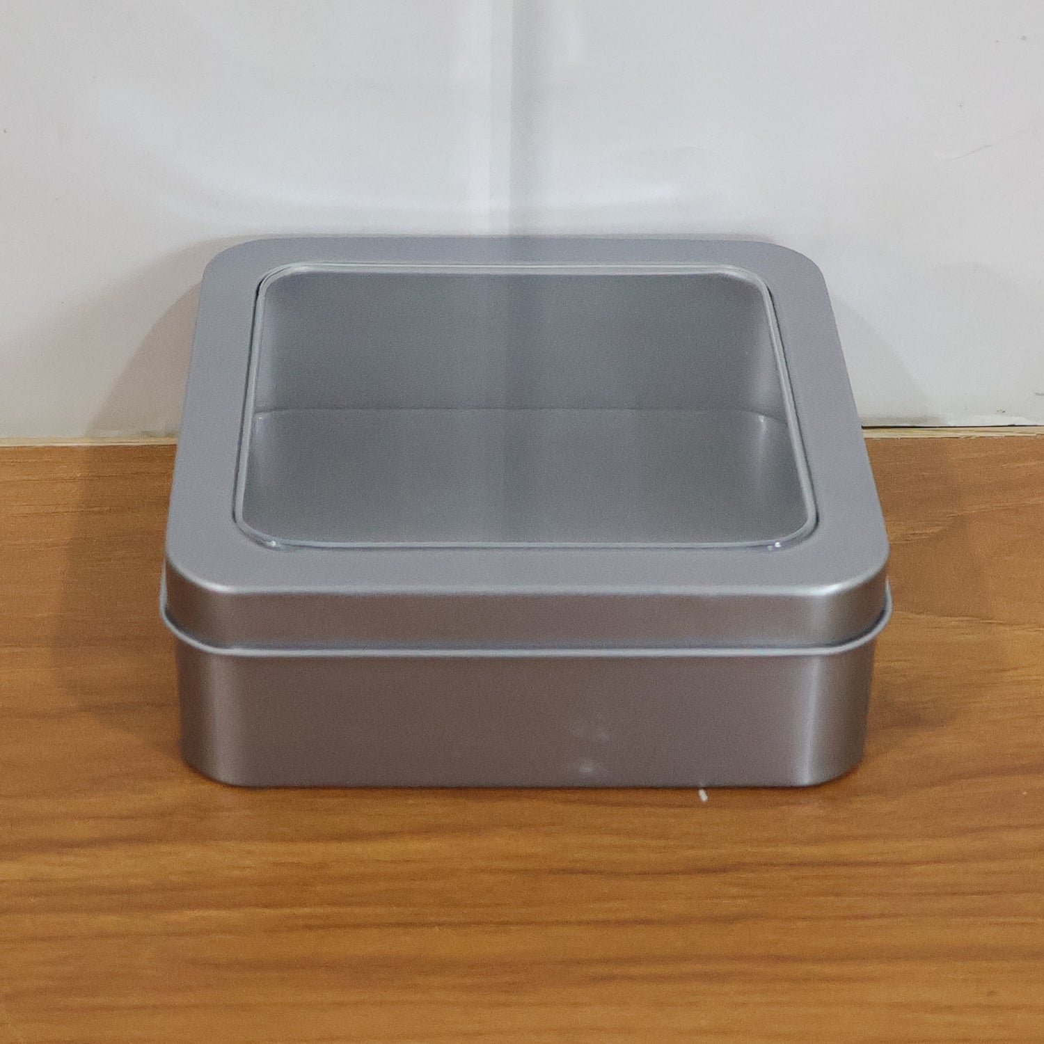 Square Metal Storage Tin Box with Transparent Window Lid (1 Pc, 9.5 x 9.5 Cm)
