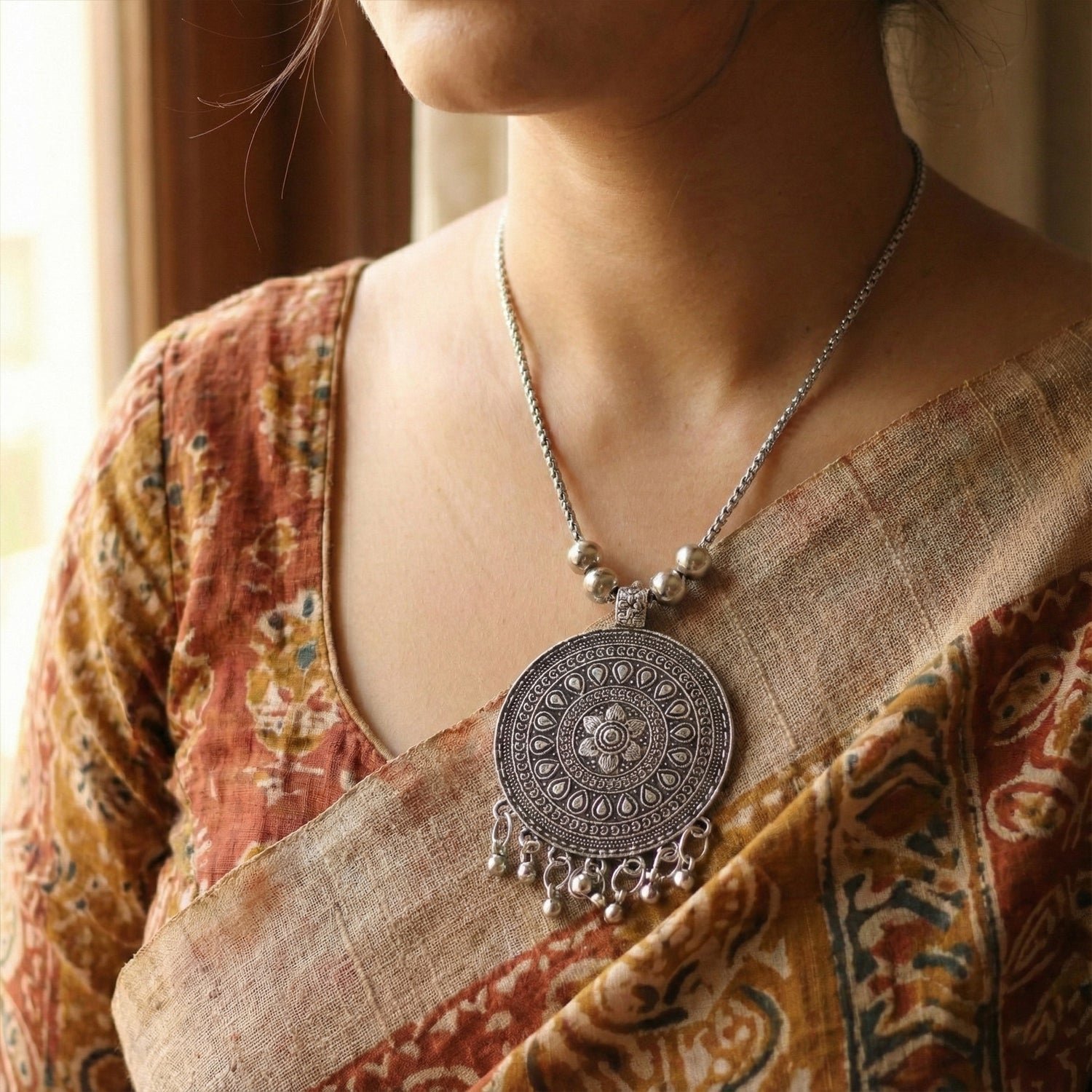 Oxidised Silver Finish Traditional Pendant Necklace – Mix Design (1 Pc)