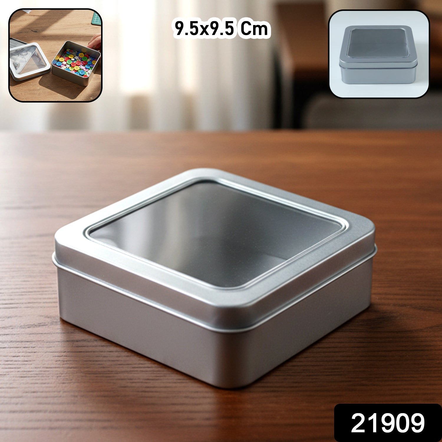 Square Metal Storage Tin Box with Transparent Window Lid (1 Pc, 9.5 x 9.5 Cm)