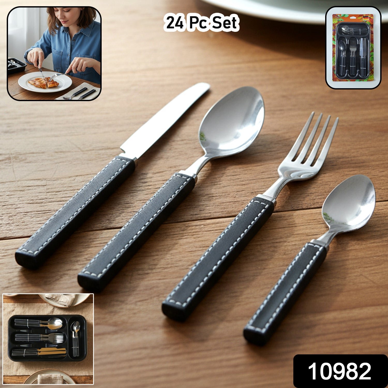 Premium Stainless Steel Kitchen Plastic Handle Cutlery Set With Tray (24 Pc Set)