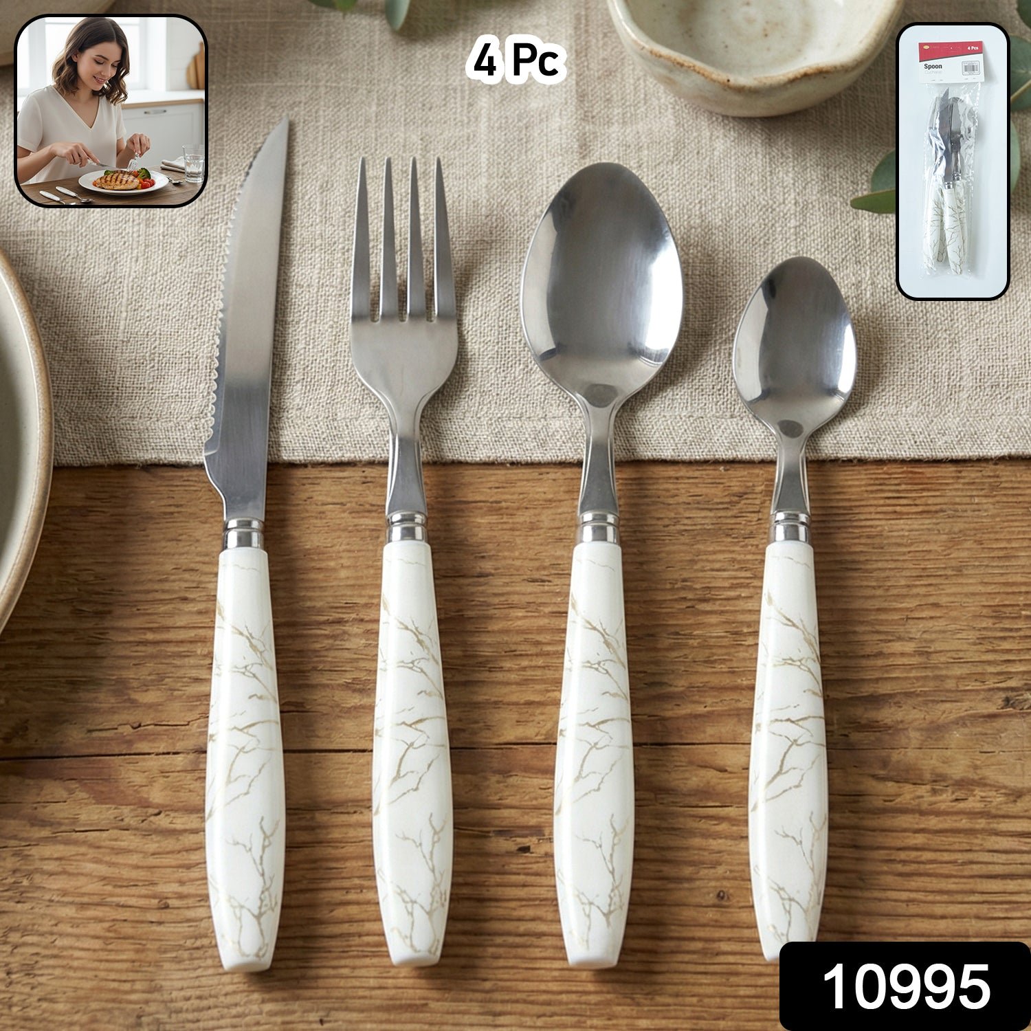 Stainless Steel Cutlery Set with Marble Design Handle (4 Pc  Set)