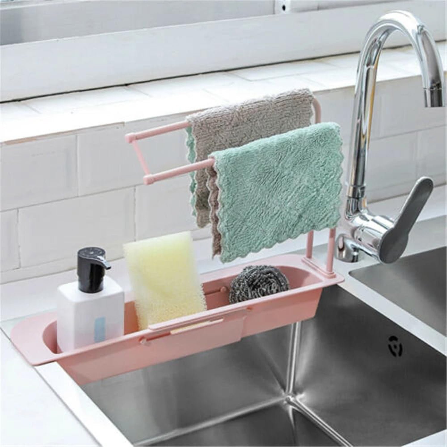 Kitchen Sink Organizer Rack with Towel Holder & Drain Tray (1 Pc)