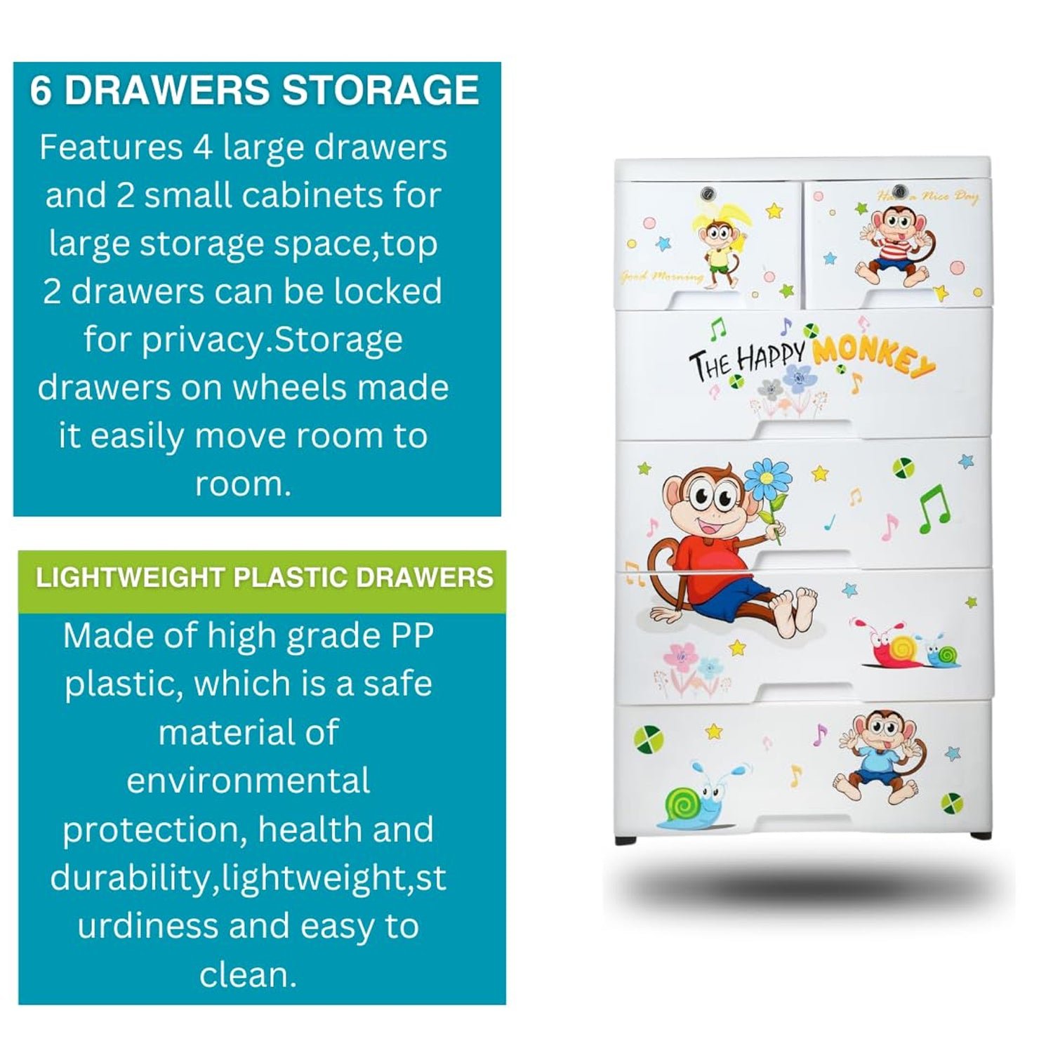 Kid's Plastic Chest of 6 Drawers, Multi-Purpose Storage Organizer/Wardrobe for Kids