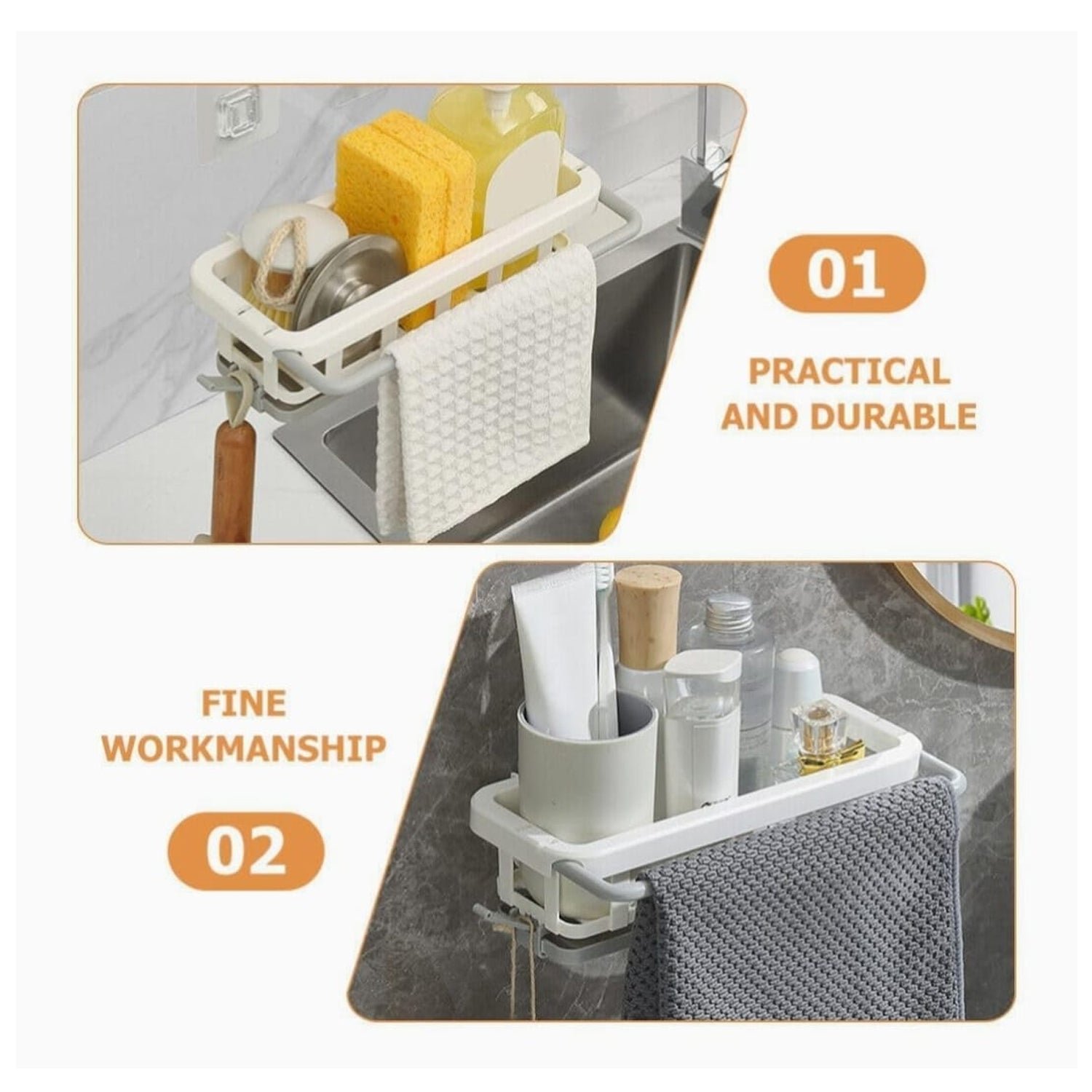 Hanging Drain Rack & Sponge Holder Basket for Kitchen Sink Storage