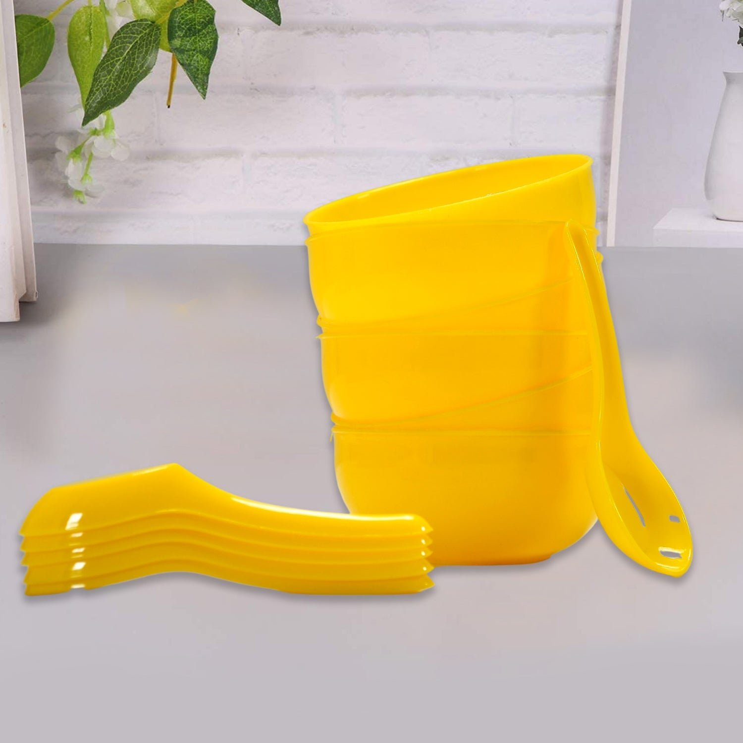 Plastic Soup Bowl & Spoon Set for Kitchen (6-Pcs)