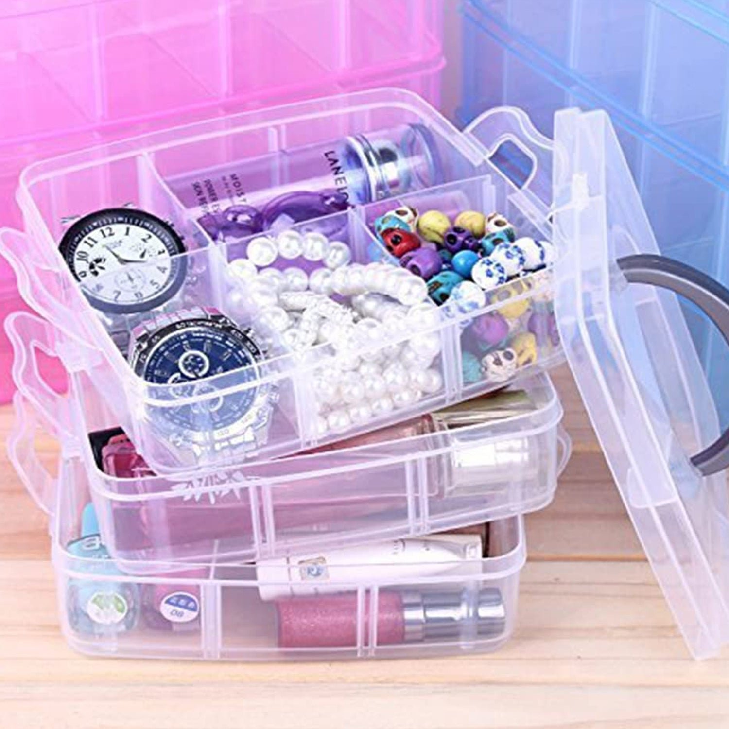 3-Tier Transparent Craft Storage Box with 18 Adjustable Compartments