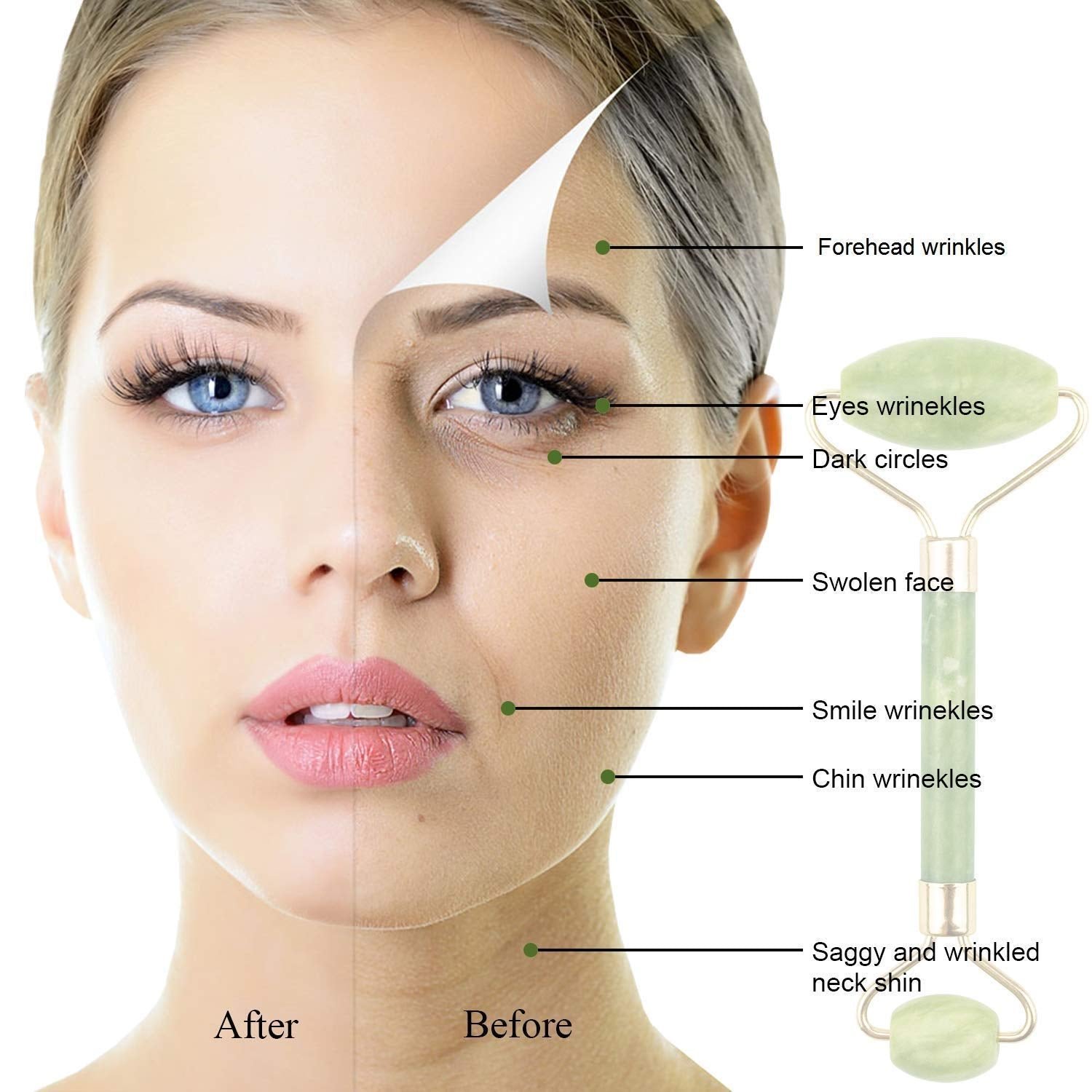 Premium Dual Head Jade Stone Face Roller & Gua Sha Massage Tool Set (1 Pc)