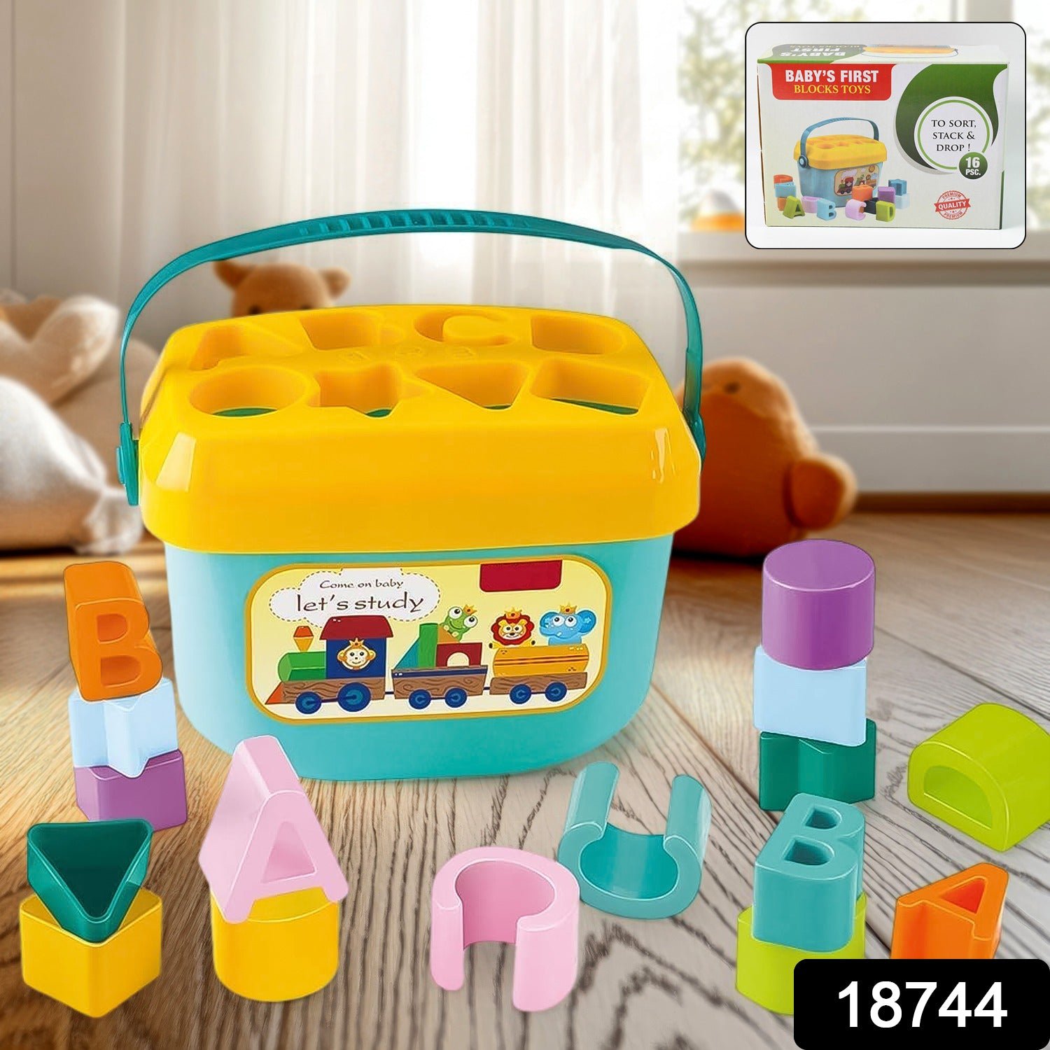 Baby First Block Set Kids Non-Toxic Abcd Geometric Shape Sorting & Stacking (1 Set)