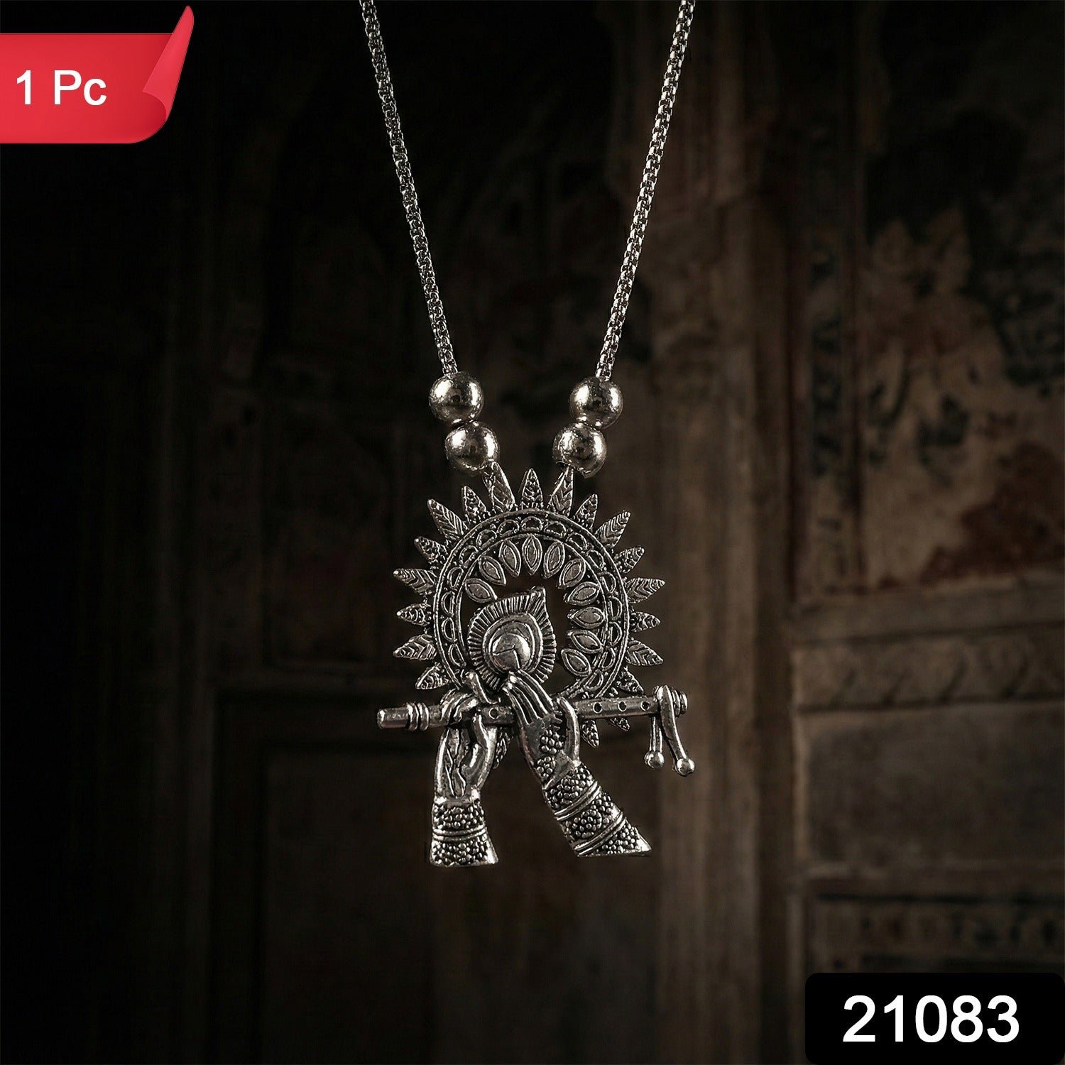 Oxidised Silver Finish Krishna Flute Pendant Necklace (1 Pc)