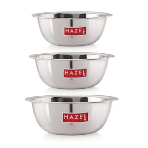 HAZEL Stainless Steel Serving Bowl | Serving Bowl for Cake Batter | Kitchen and Baking Accessories Items, Set of 3, 350 ML, 550 ML & 770 ML