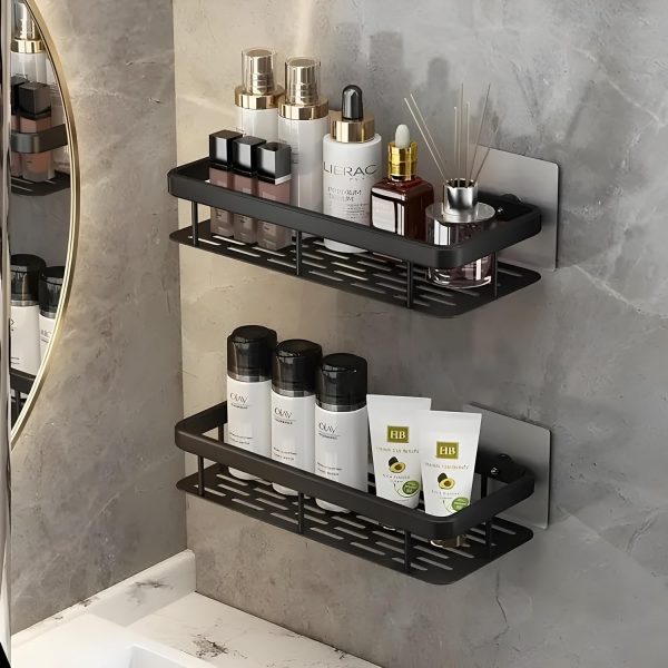 BINSBARRY Self-Adhesive Multipurpose Wall Mounted Bathroom Shelf and Rack for Bathroom and Kitchen,Space Saving Bathroom Organizer Shelf, Punch Free Wall Shelves, Wall Stand (Black Shelf, Pack of 2)