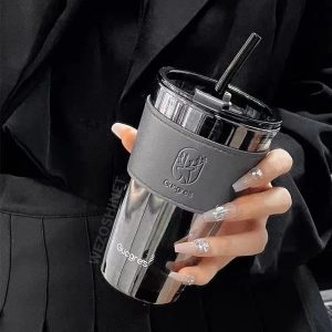 WEZOSHINET Premium Glass Sipper Fruit Juice Milk Tumbler Mug with Leather Sleeve Glass Coffee Mug with Straw and Lid Glass Tumbler for Coffee, Tea, Milk Beverages Travel Cup (450ML, Grey, 1Pcs)
