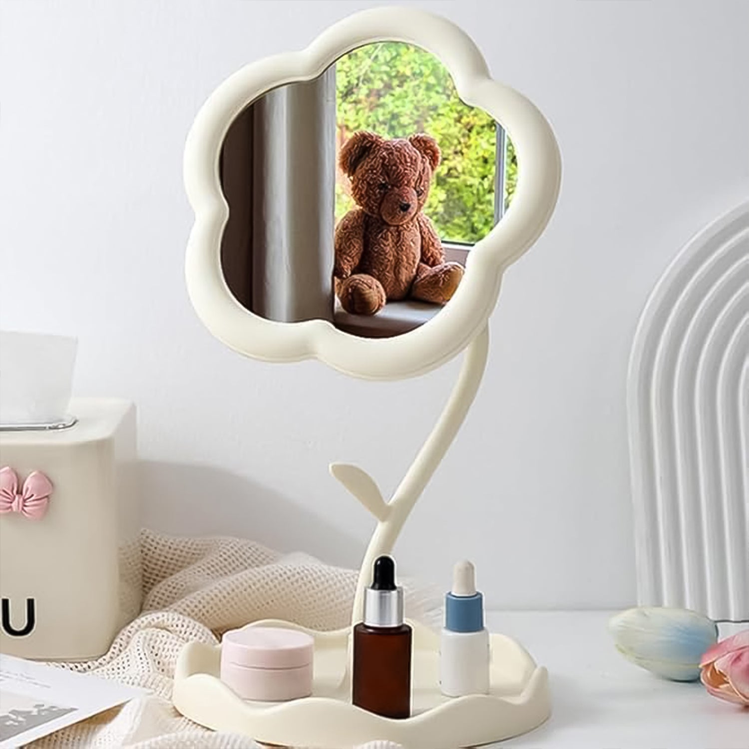 Flower-Shaped Makeup Mirror, Rotatable Makeup Mirror with Tray Table Vanity