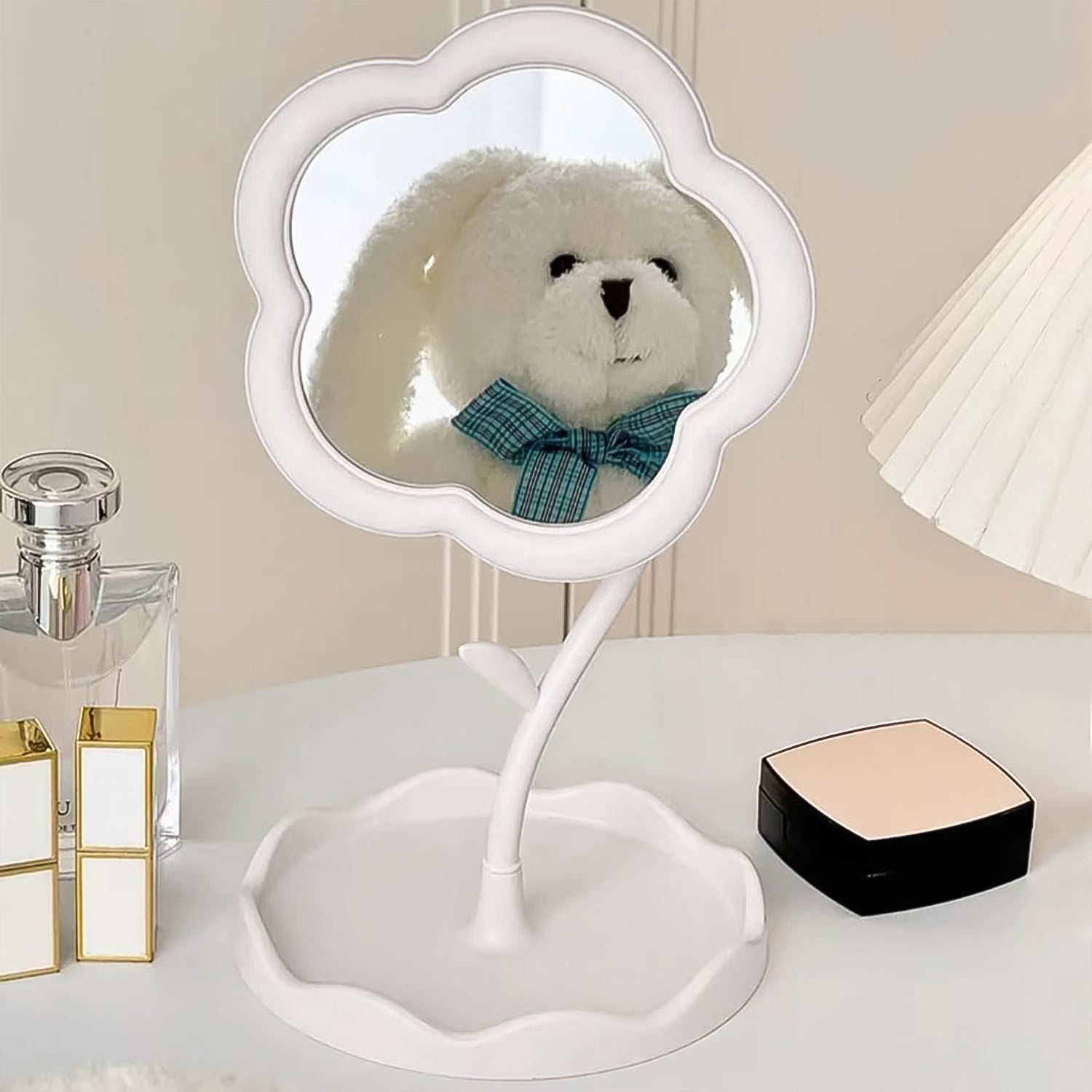 Flower-Shaped Makeup Mirror, Rotatable Makeup Mirror with Tray Table Vanity