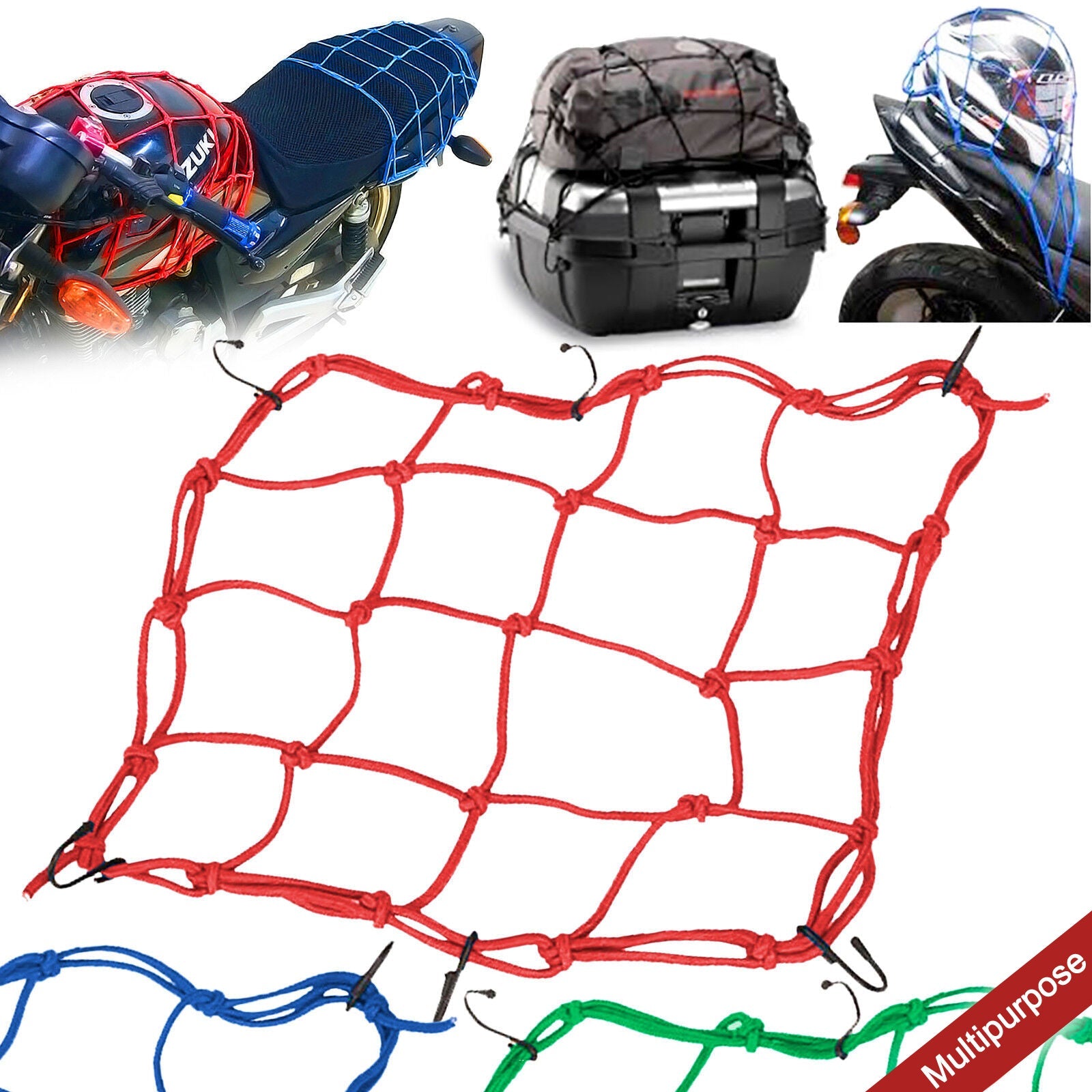 Heavy-Duty Elastic Bungee Cargo Net Mesh Holder - 4 Adjustable Hooks for Motorcycle Tank and Helmet, Octopus Holder for Backpacks and Helmets