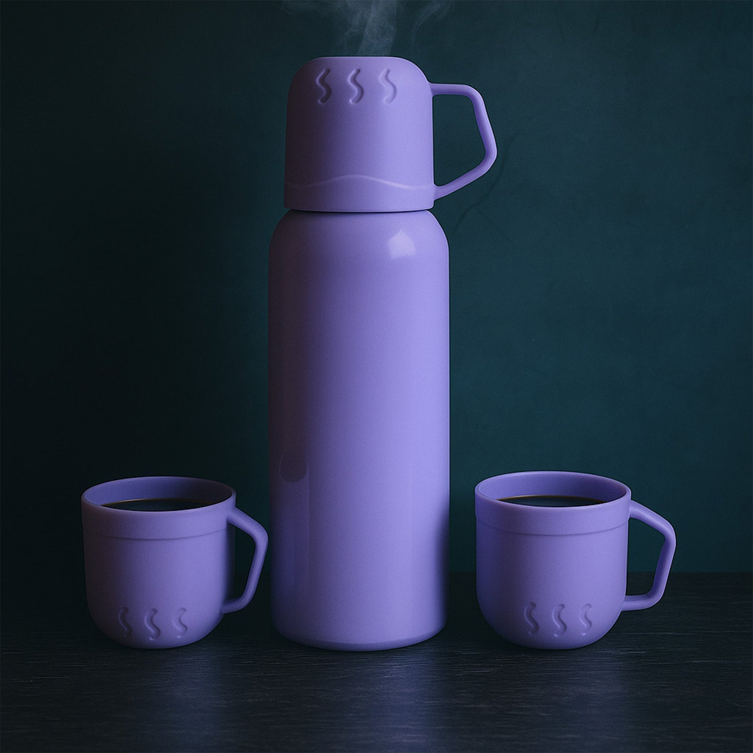 Purple Vacuum Flask Set – Stainless Steel Thermos with 3 Cups, Approx 500ml