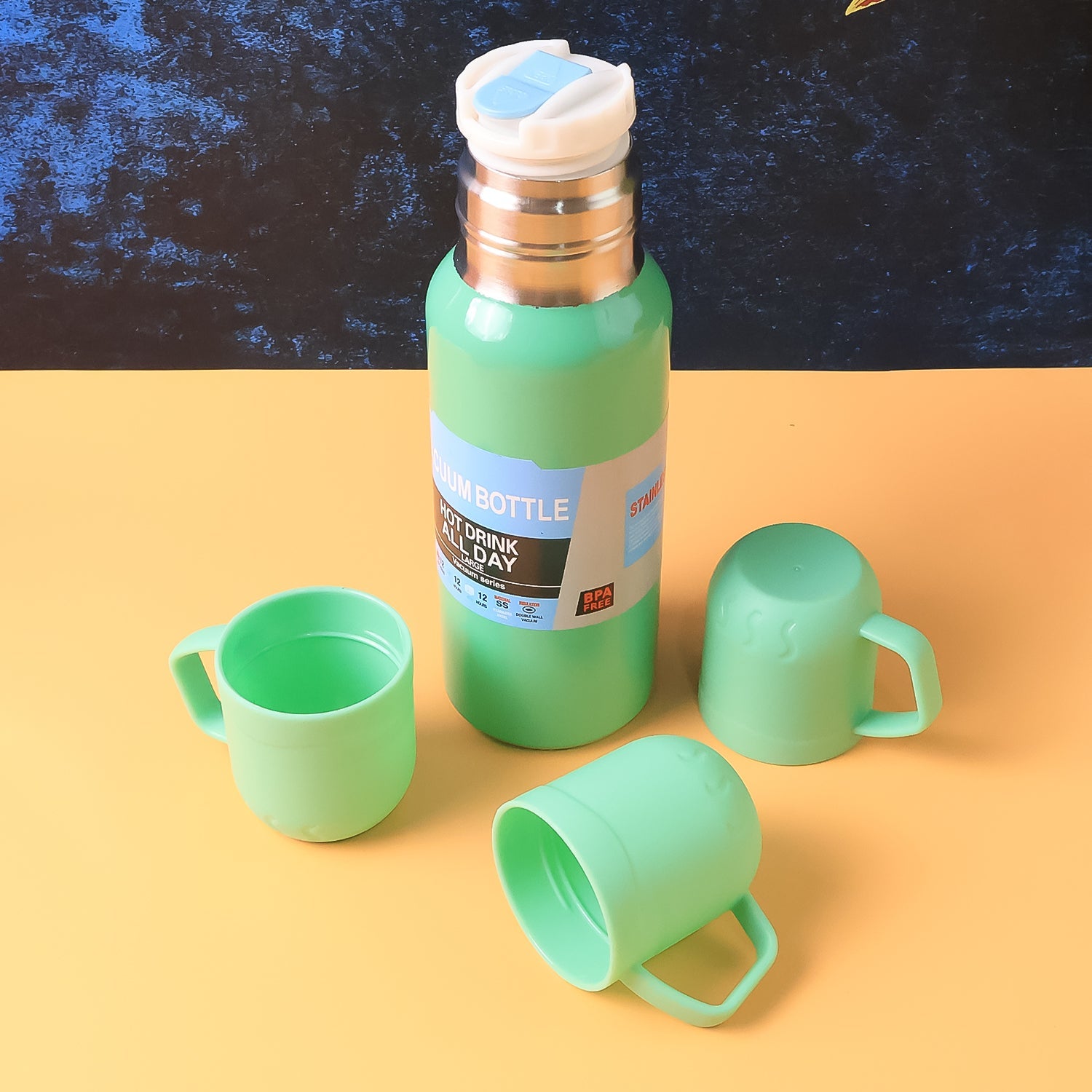 Green Vacuum Flask Set – Stainless Steel Thermos with 3 Cups, Approx 500ml