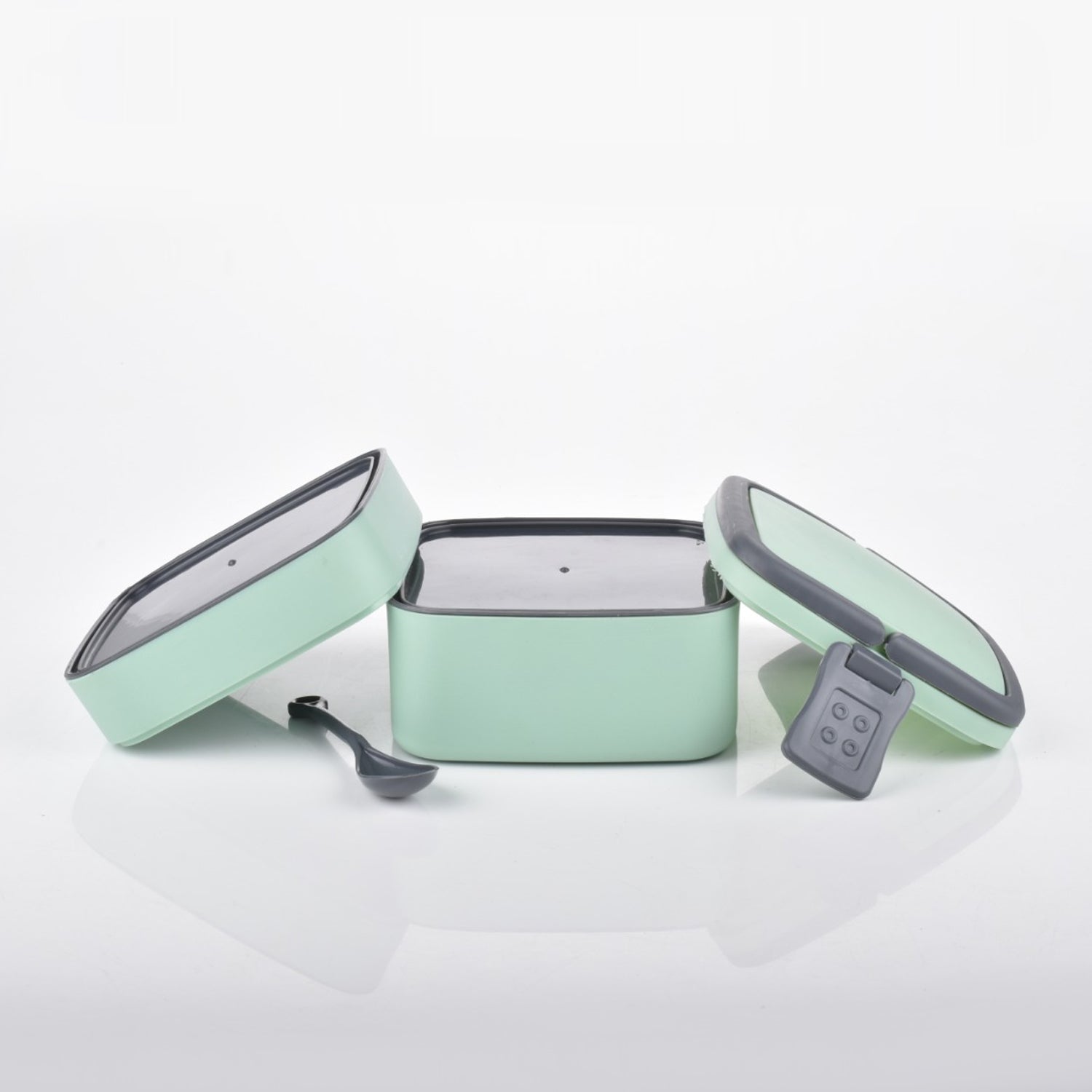 GREEN DOUBLE-LAYER PORTABLE LUNCH BOX STACKABLE WITH CARRYING HANDLE AND SPOON LUNCH BOX , Bento Lunch Box