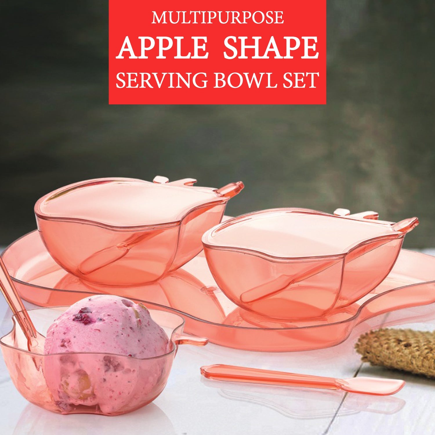 Apple Shape 2Piece Serving Set of Bowl with Spoon & Tray. Dinnerware Serving Snacks & Pickle