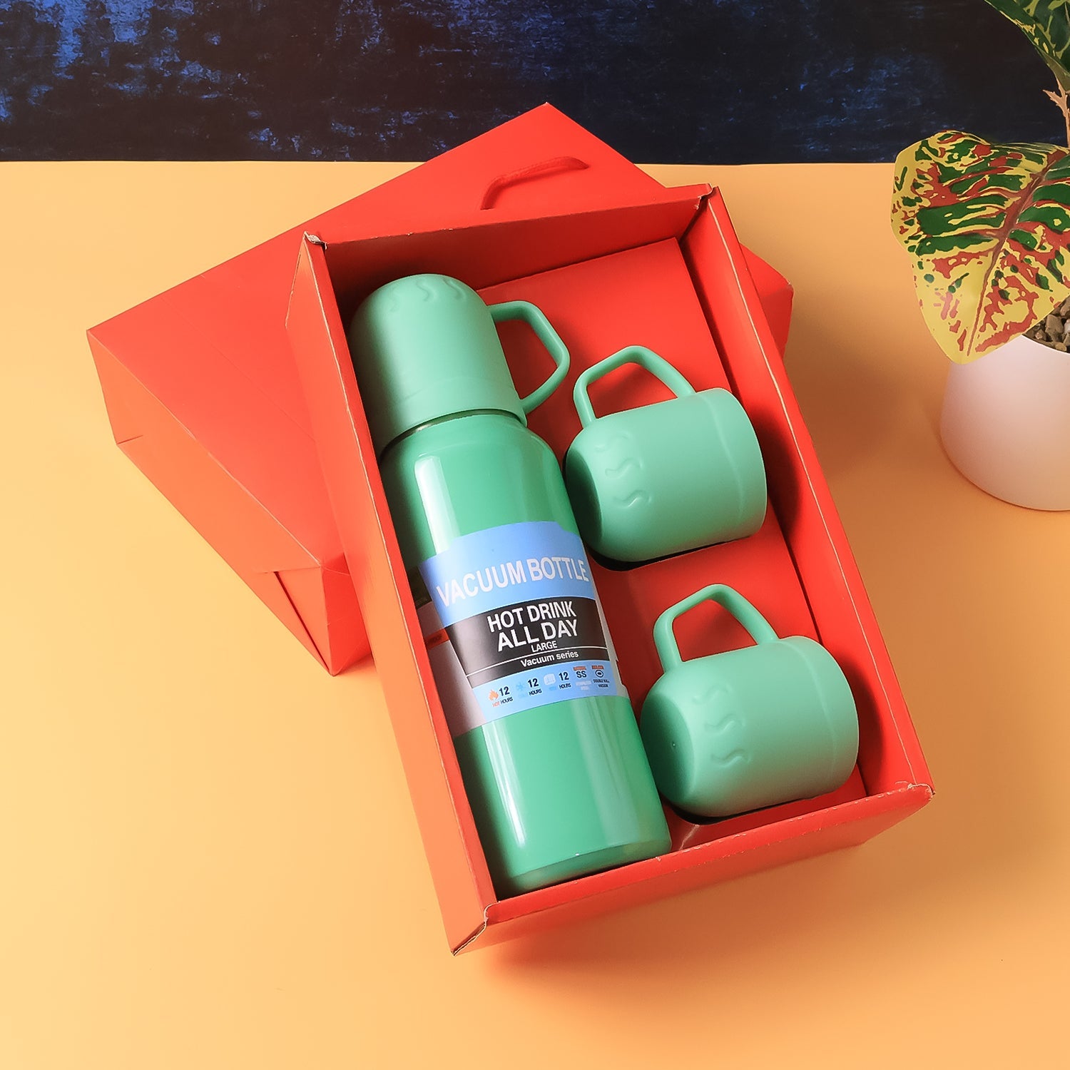 Green Vacuum Flask Set – Stainless Steel Thermos with 3 Cups, Approx 500ml