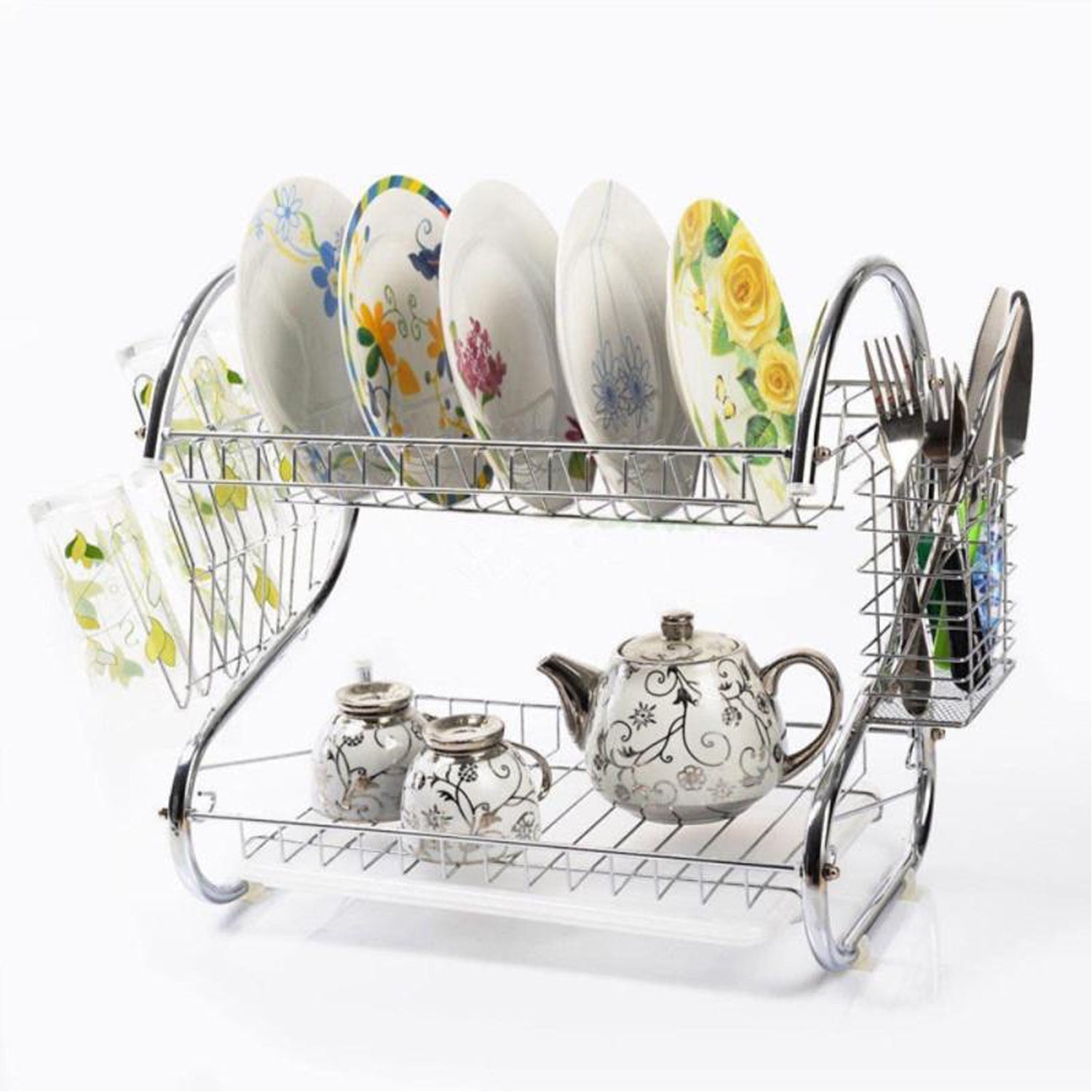 Stainless Steel 2 Layer Kitchen Dish Rack / Plate Cutlery Stand