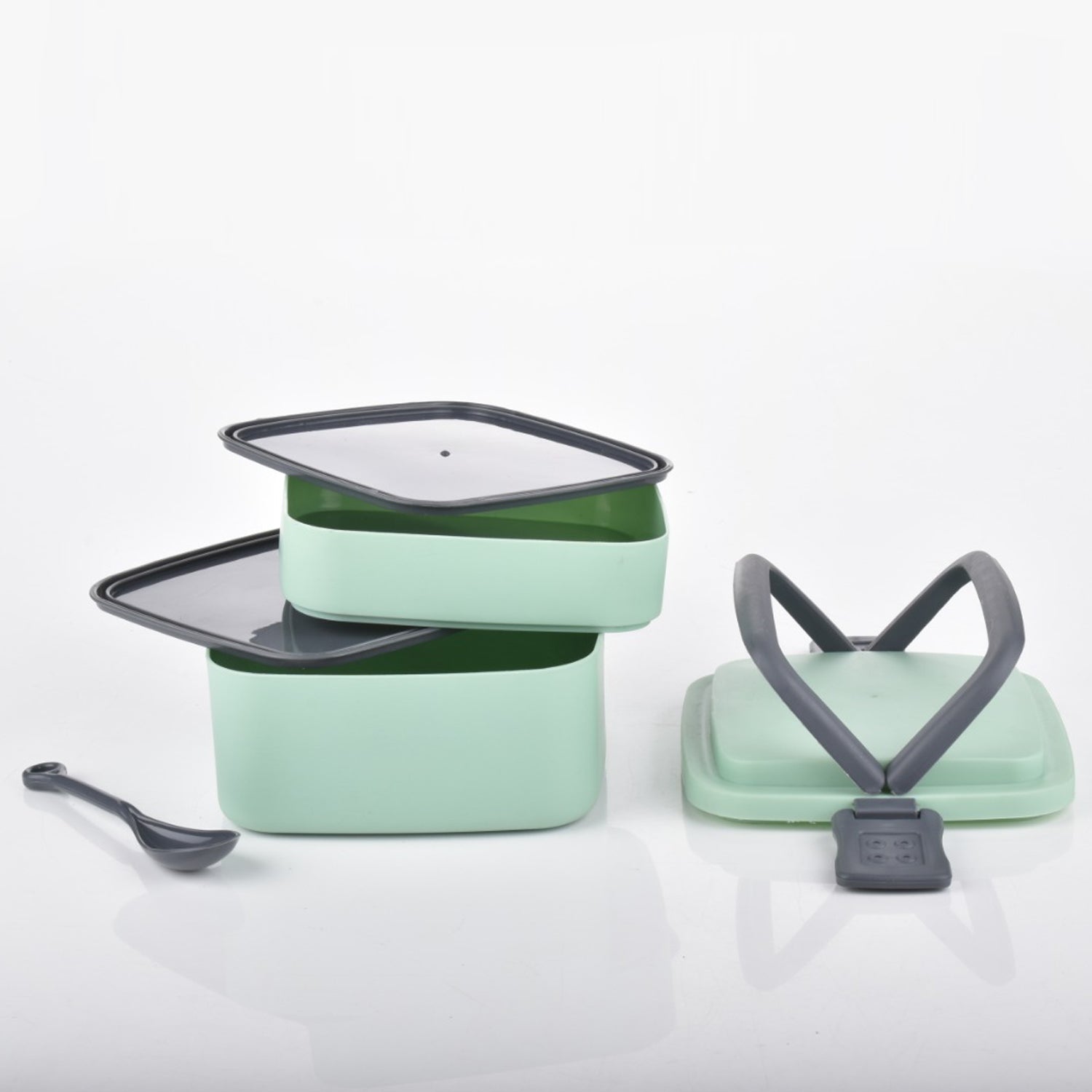GREEN DOUBLE-LAYER PORTABLE LUNCH BOX STACKABLE WITH CARRYING HANDLE AND SPOON LUNCH BOX , Bento Lunch Box