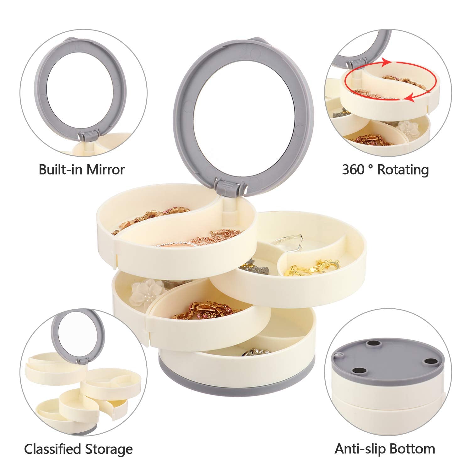 4 Layers Jewellery Box, 360 Degree Rotating Jewelry Box, Jewelry and Earring Organizer Box with Mirror, Accessory Storage Box, Travel Decor Portable Jewelry Case Ornaments Storage Box Necklace Jewelry Organizer Jewelry Organizer Box