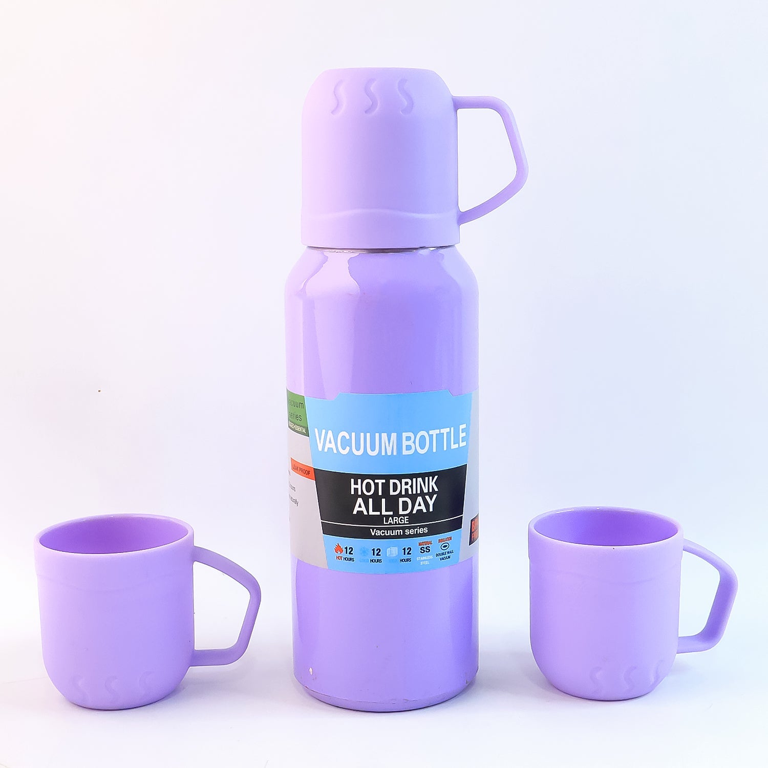 Purple Vacuum Flask Set – Stainless Steel Thermos with 3 Cups, Approx 500ml