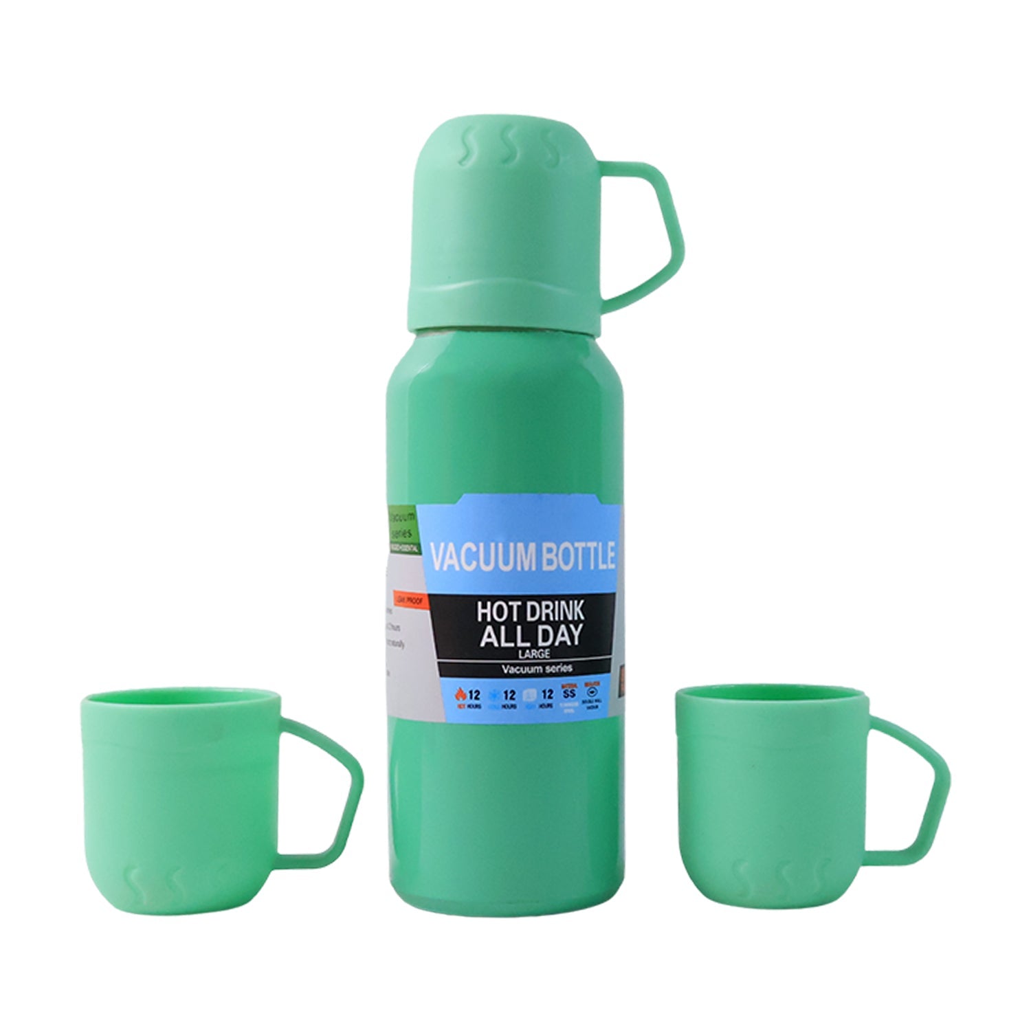 Green Vacuum Flask Set – Stainless Steel Thermos with 3 Cups, Approx 500ml