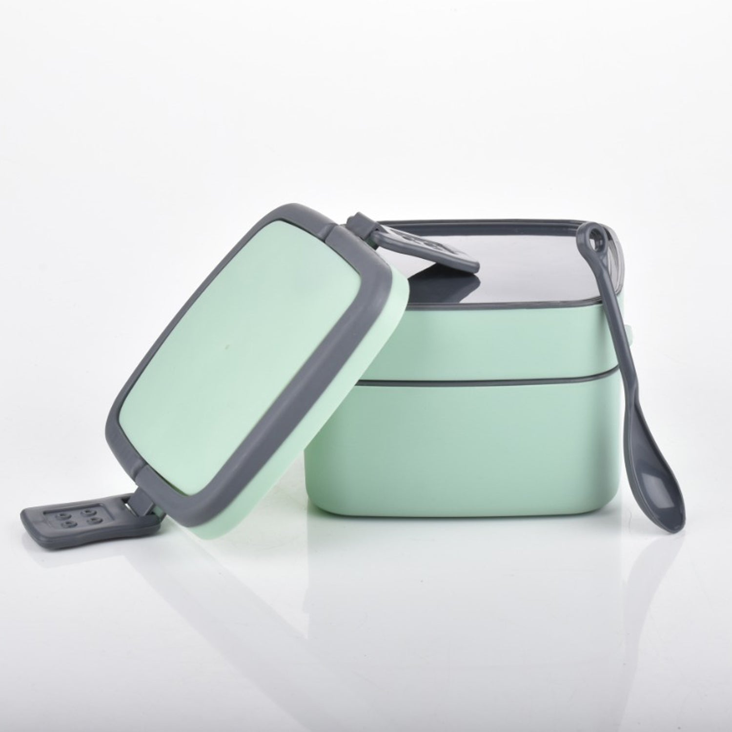 GREEN DOUBLE-LAYER PORTABLE LUNCH BOX STACKABLE WITH CARRYING HANDLE AND SPOON LUNCH BOX , Bento Lunch Box