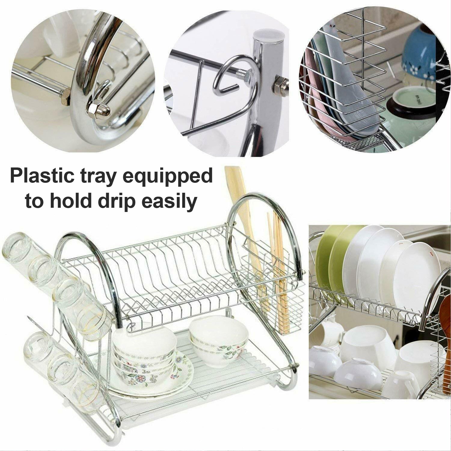 Stainless Steel 2 Layer Kitchen Dish Rack / Plate Cutlery Stand