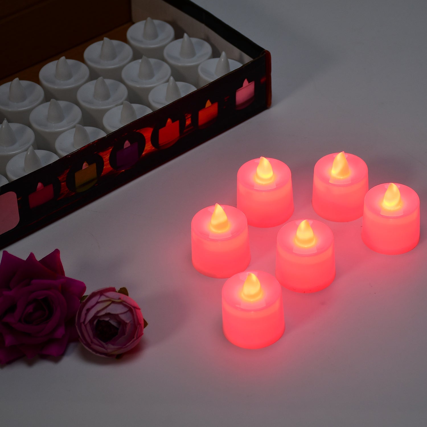 Red LED Tealights – Smokeless Flameless Candles for Home Décor, Diwali (24 Pcs)