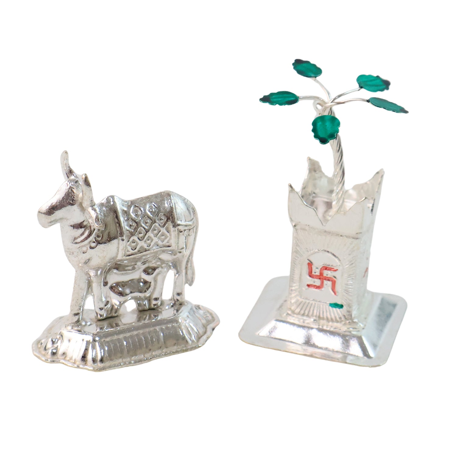 Silver-Plated Kamdhenu Cow & Tulsi Plant Pair – Pooja & Home Décor
