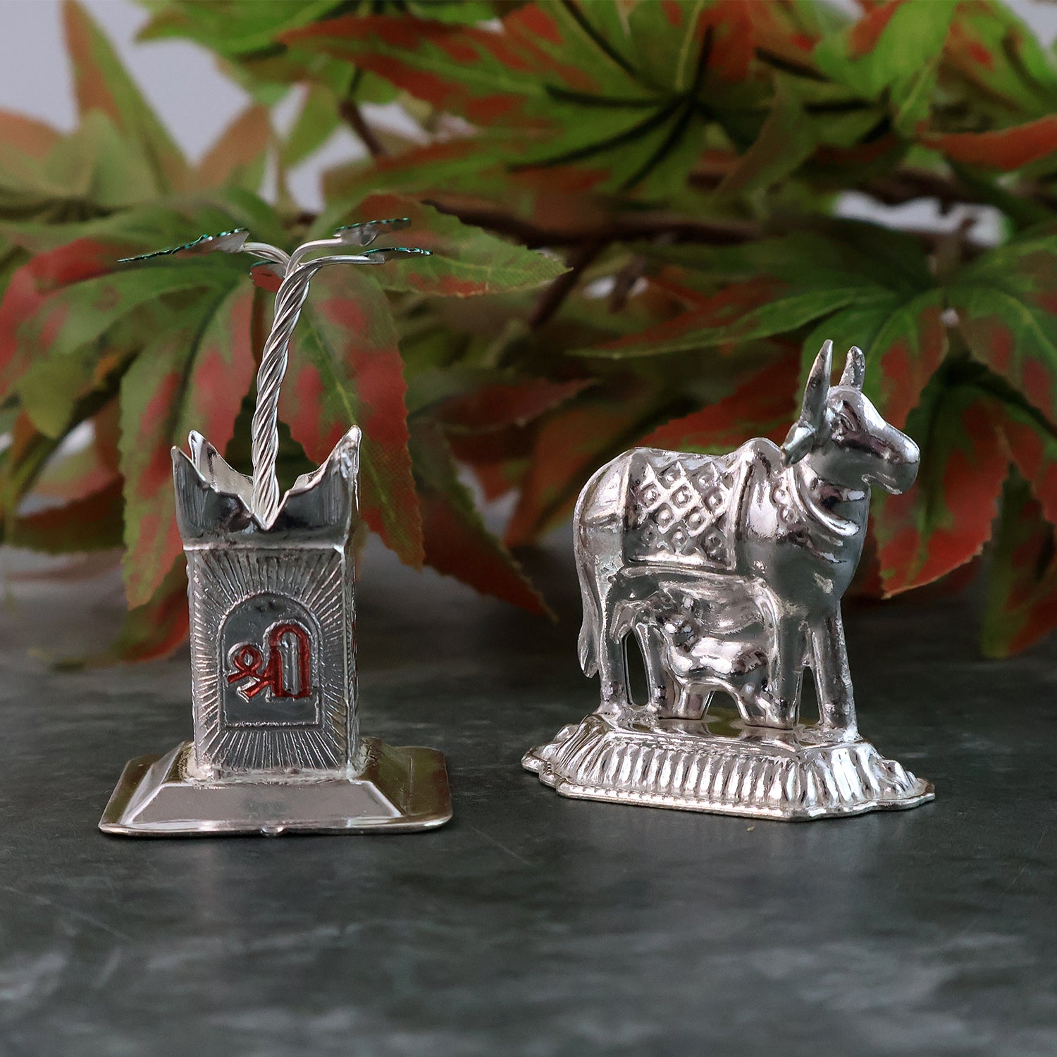 Silver-Plated Kamdhenu Cow & Tulsi Plant Pair – Pooja & Home Décor