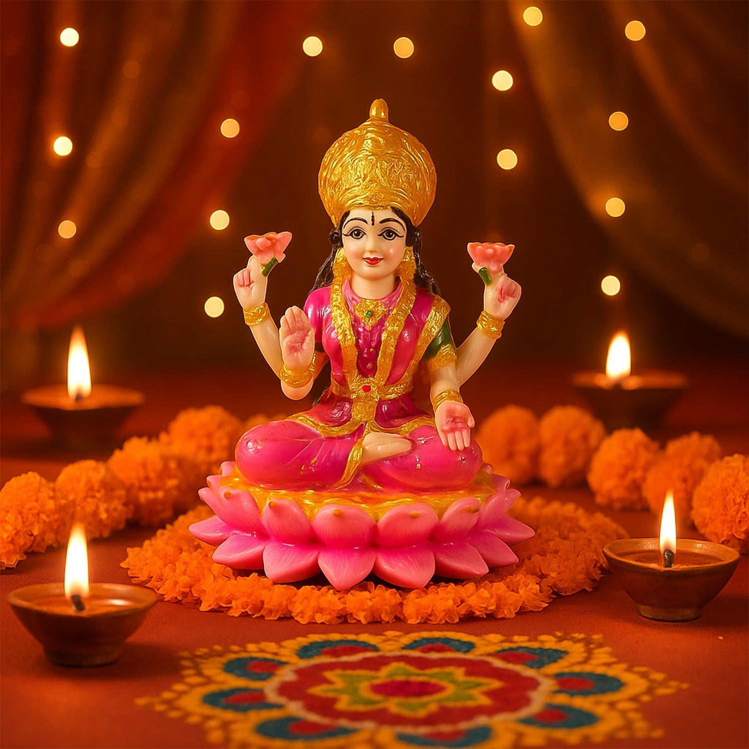 Beautiful Decorative Lakshmi Mata Idol Sitting on Lotus (1 Pc)