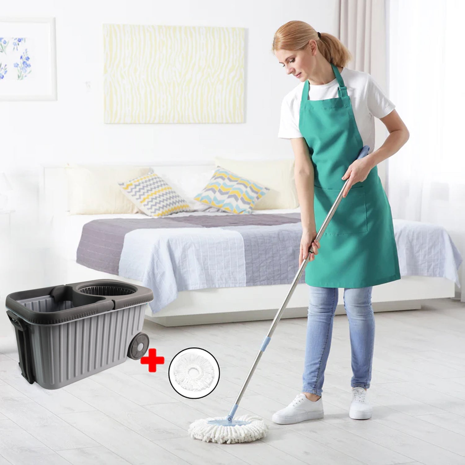 Apex Magic Spin Mop Cleaning Set with Dual Chamber Bucket & Wheels