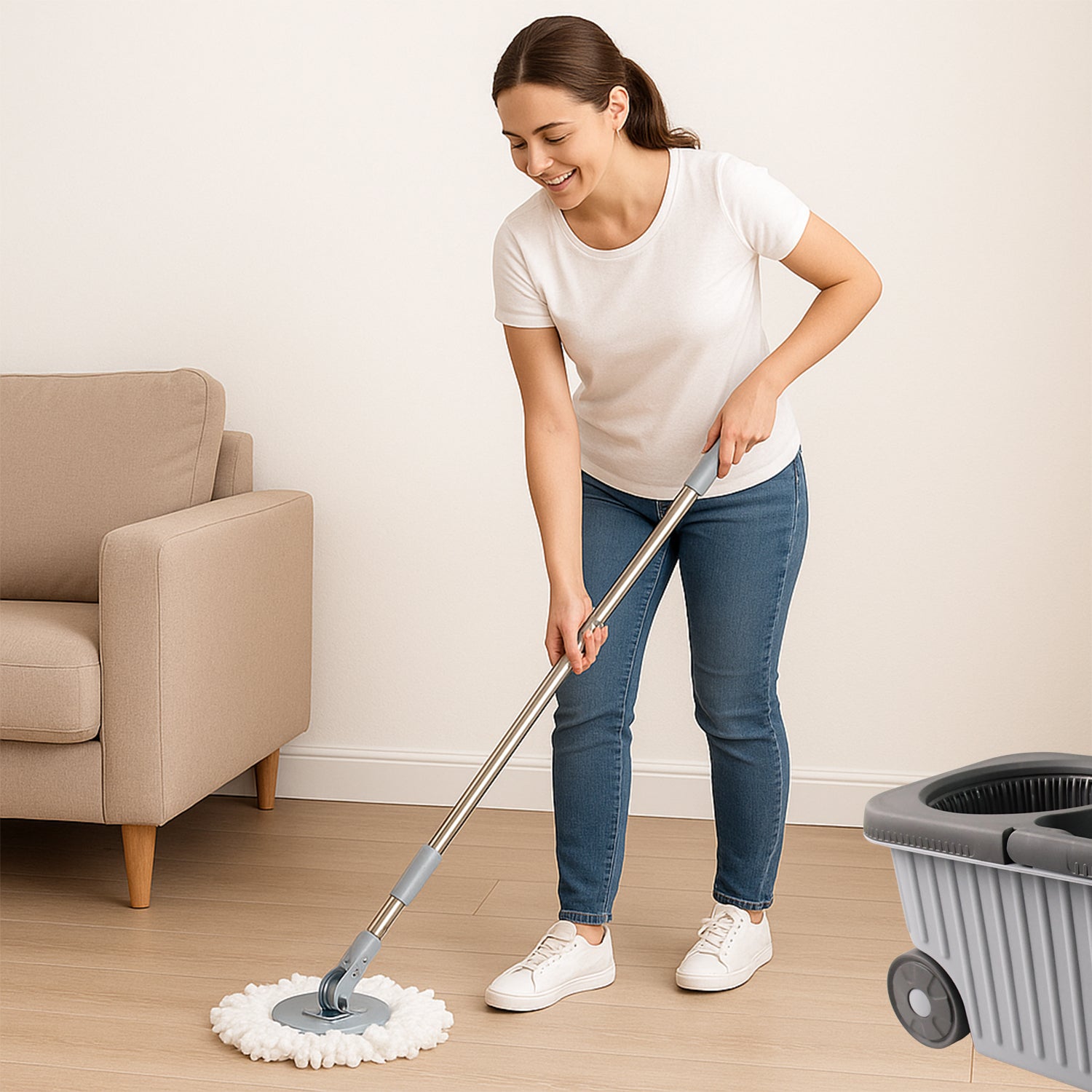 Apex Magic Spin Mop Cleaning Set with Dual Chamber Bucket & Wheels