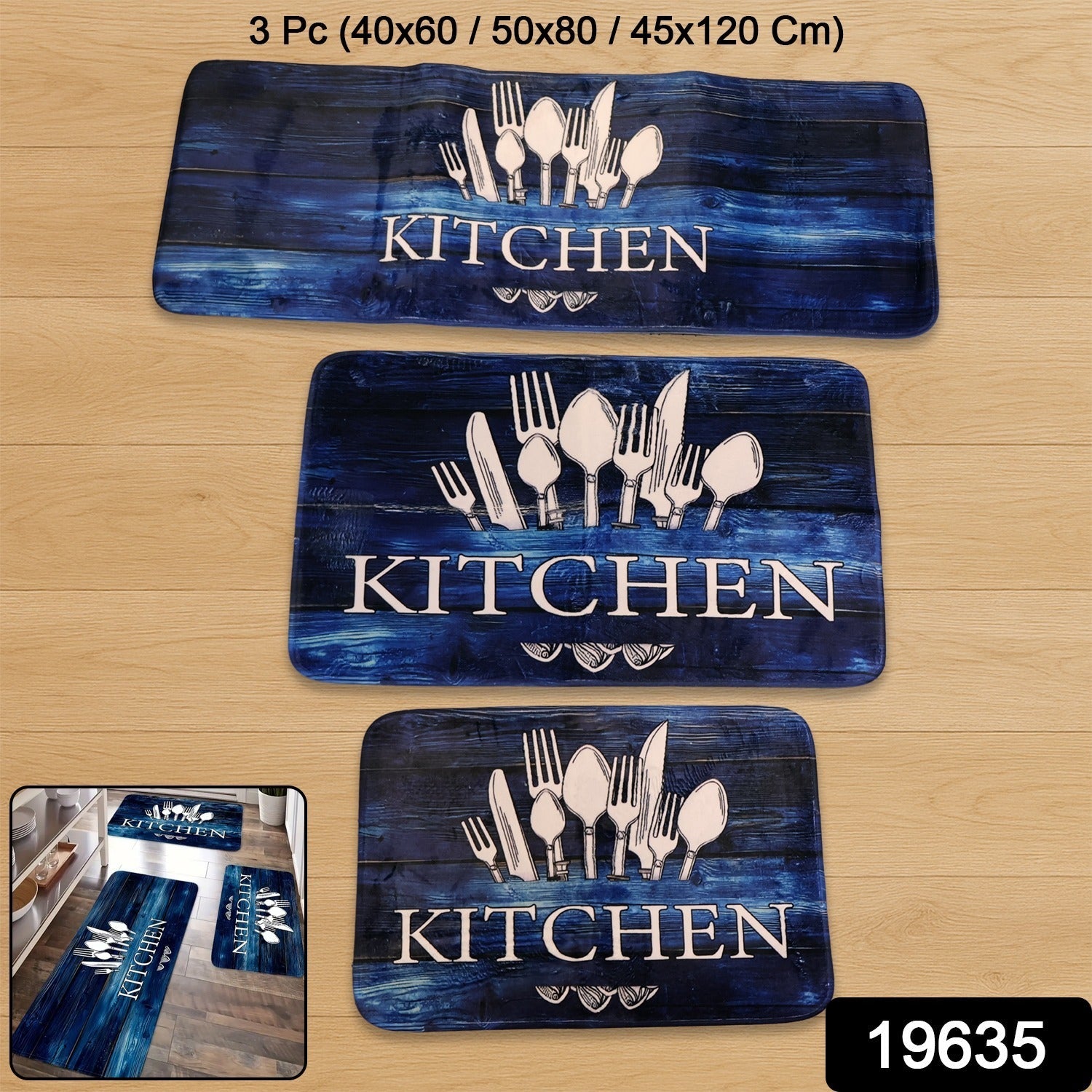 Kitchen Floor Mat Non-Slip Printed Runner Rugs (3 Pc)