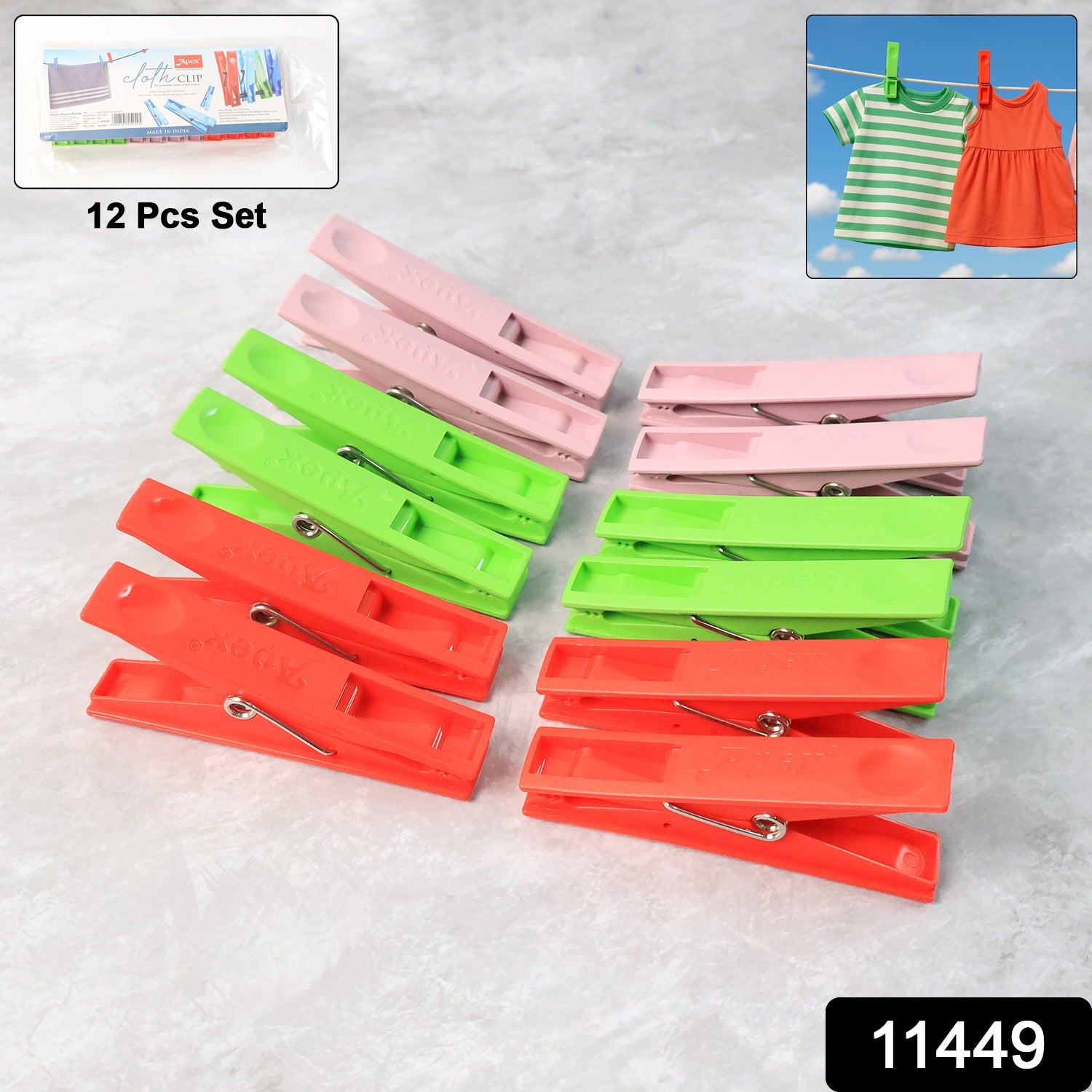 Durable Cloth Clips Set of 12 – Strong Grip Plastic Laundry Pegs with Stainless Steel Spring