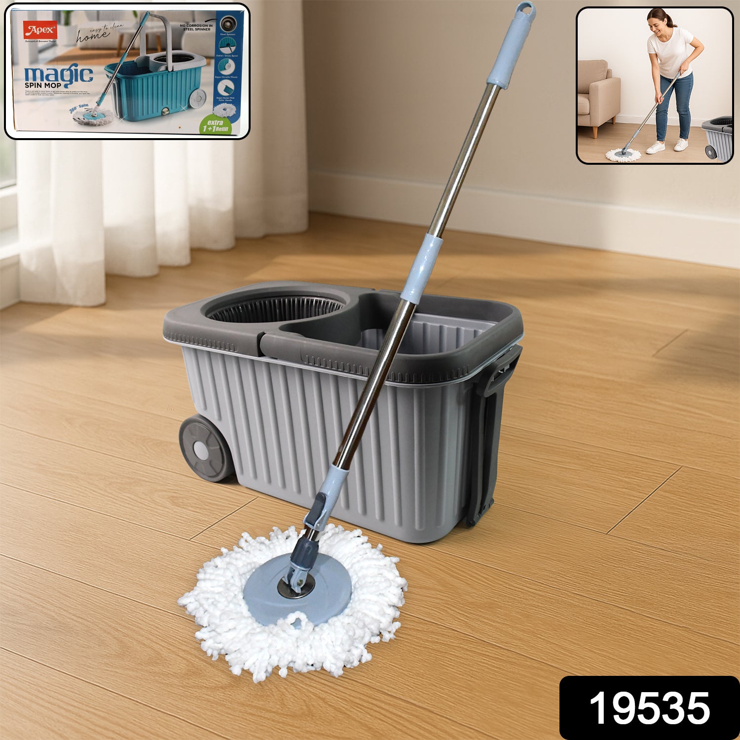 Apex Magic Spin Mop Cleaning Set with Dual Chamber Bucket & Wheels