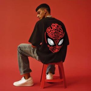 VEIRDO Marvel Black Spiderman Typography Printed Cotton Oversized T-shirt