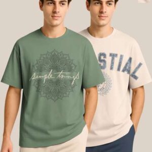 BULLMER Pack Of 2 Typography Printed Crew Neck Drop Shoulder Oversized T-shirts