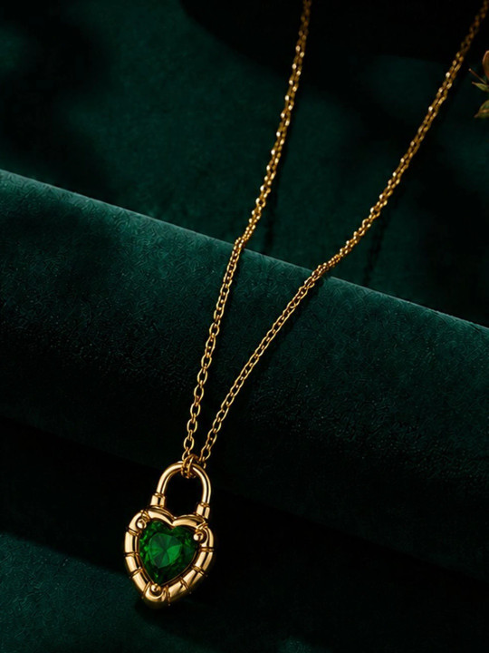 Kyarra 18K Gold Plated Emerald Heart Padlock Pendant