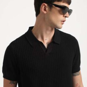 THE BEAR HOUSE Men Black Slef Design Polo Tshirt Self Cotton Collar Regular Fit T-shirt