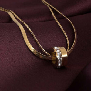 PALMONAS 18K Gold-Plated Stainless Steel CZ Studded Gilded Rings Layered Pendant Chain