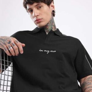 glitchez Solid Polo Collar Drop-Shoulder Sleeves T-shirt