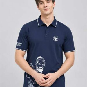 Warrior World Men Navy Blue Graphic Printed Polo Collar Polyester T-shirt