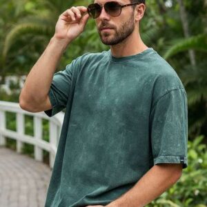 Bewakoof Men Green Oversized Acid Wash T-shirt