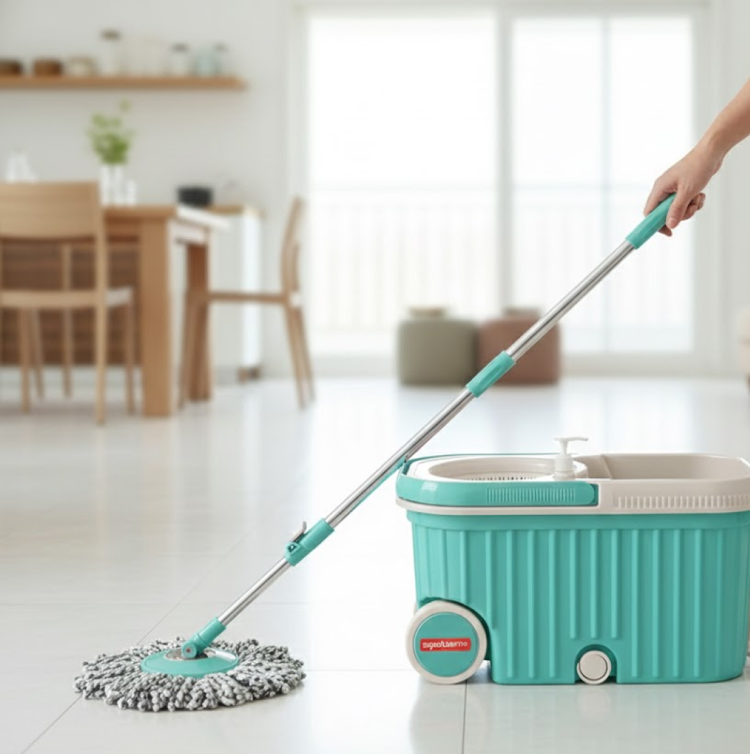 Spin Mop with Bigger Wheels and Plastic Auto Fold Handle for 360 Degree Cleaning
