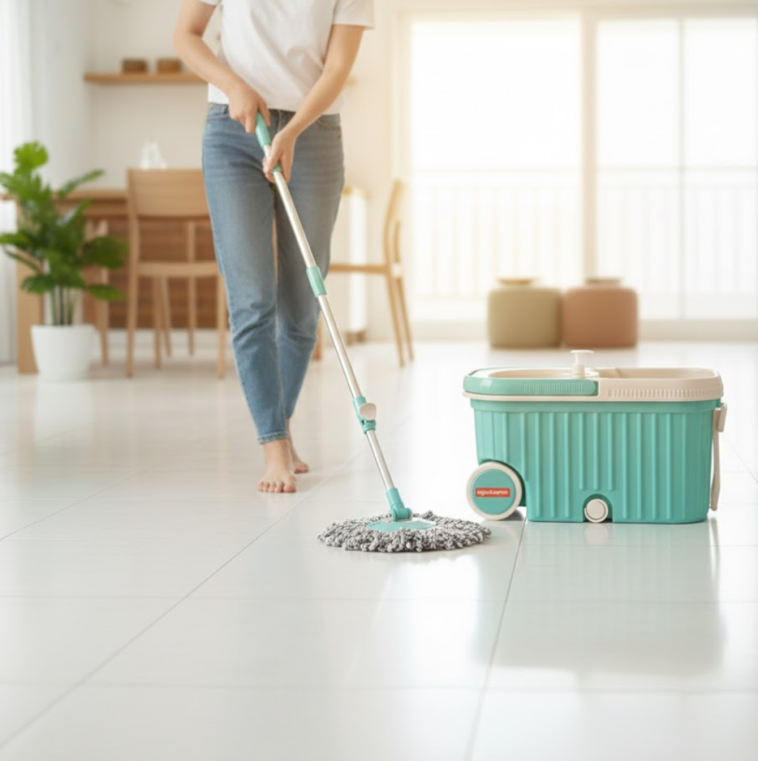 Spin Mop with Bigger Wheels and Plastic Auto Fold Handle for 360 Degree Cleaning